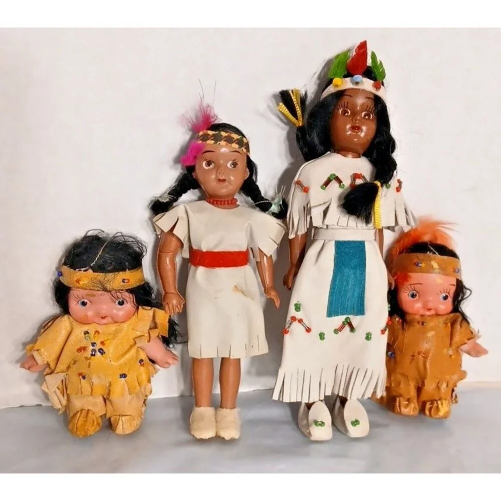 Indian Doll Lot Of 4 Plastic & Porcelain Bisque Native American